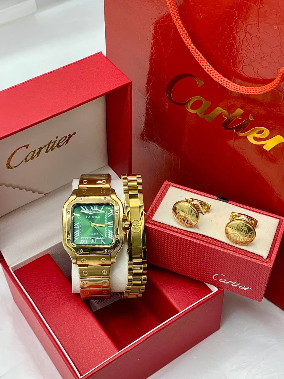 Quality Cartier Watch Set with Bracelet and Cufflinks Combo - Image 2