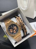 POEDAGAR Gold Octagonal Chronograph and Bracelet Set - Image 2